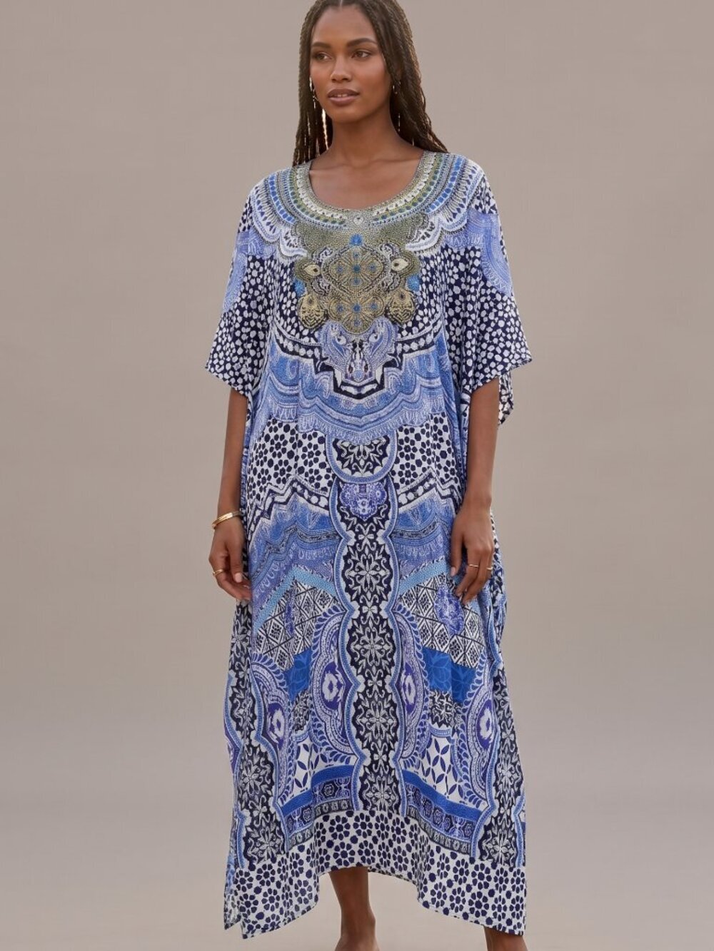 Blue Printed Maxi Dress with Embellished Neckline